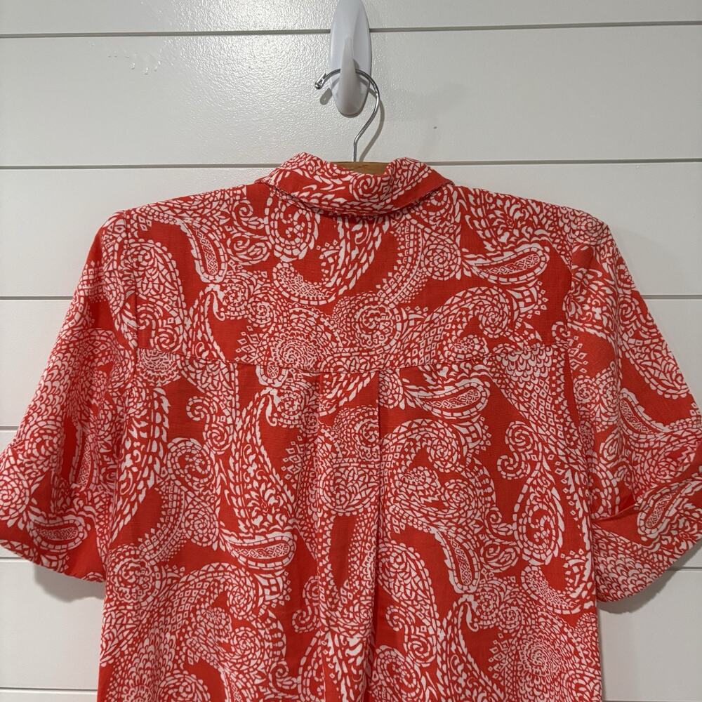 Chico's | Midi Dress Orange Paisley Linen Short Sleeve Resort Vacation- Size 4 0 - Picture 7 of 8
